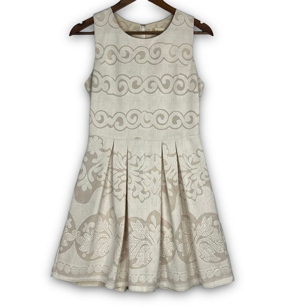 Altar'd State Dress Jacquard Lace Rosy Cream Ivory‎ Taupe Pleated Mini Medium
